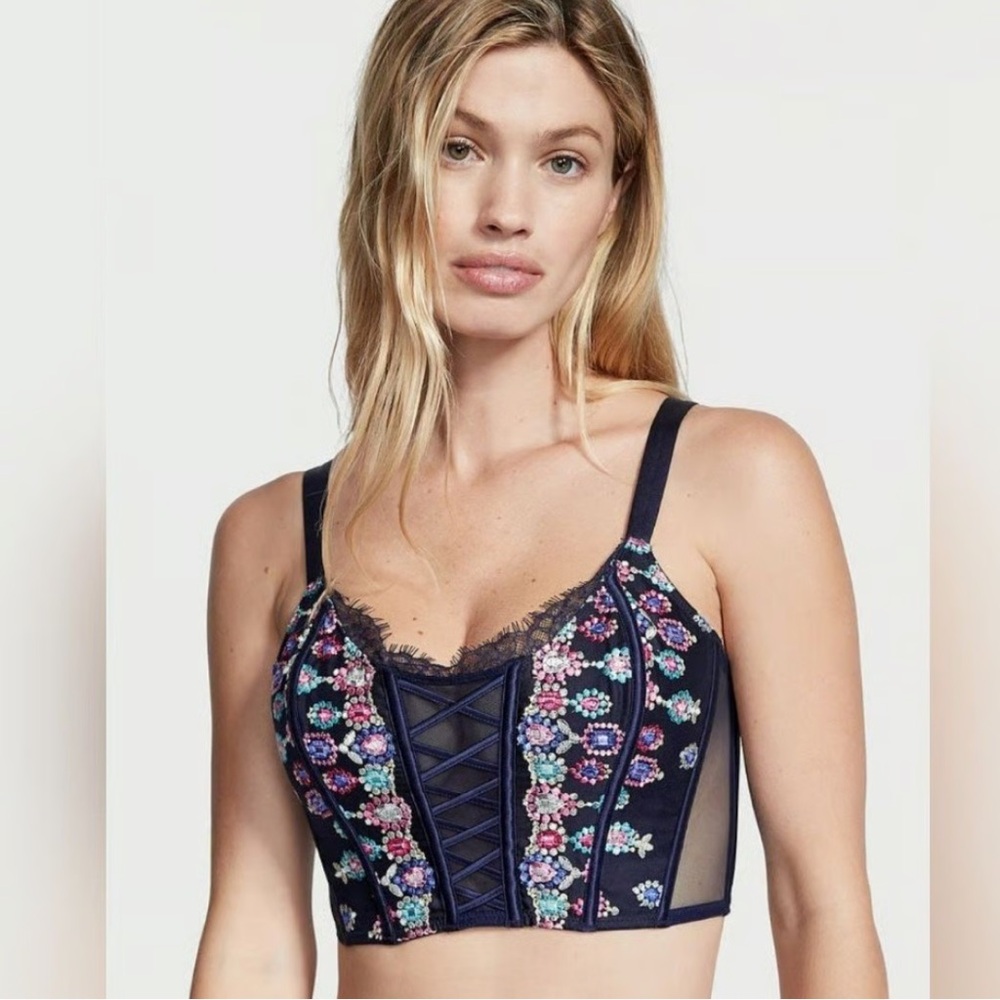 Victoria Secret TOP UNLINED CORSET LACE BRA Sz M / B Bejeweled Navy Embroidered